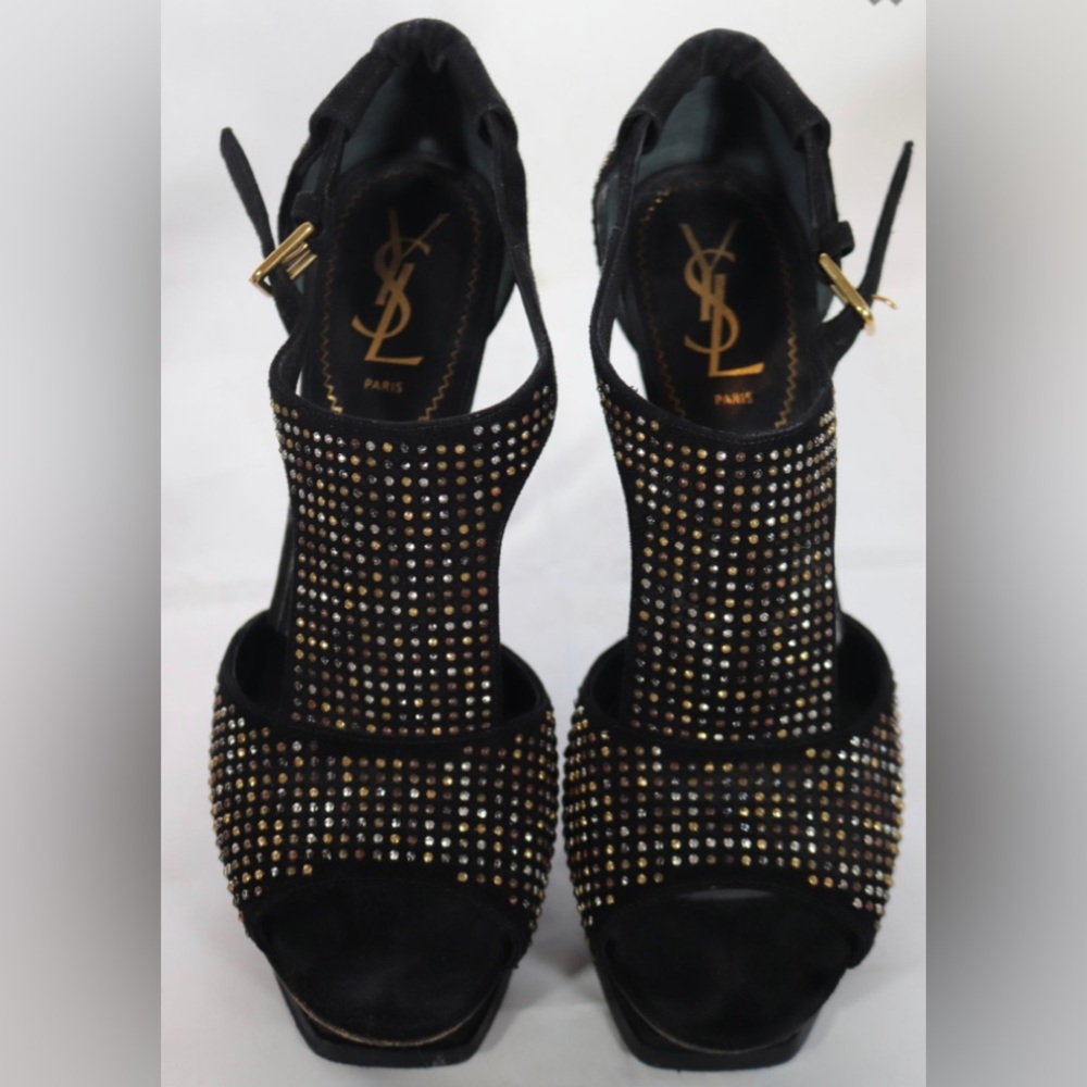 Yves Saint Laurent T-Strap black studded suede platform sandal